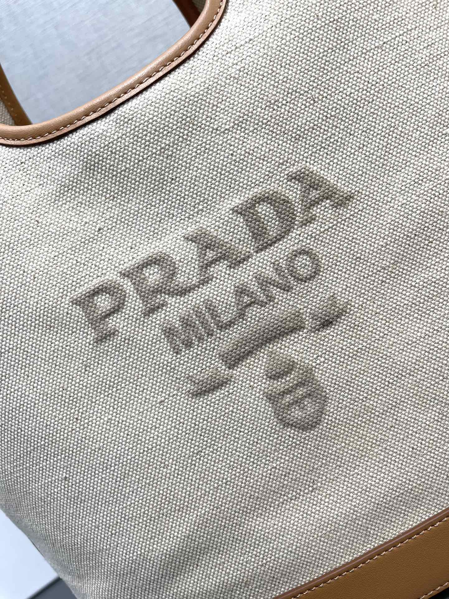 Prada Linen Blend And Leather Medium Buckle Bag Tote Natural 1BG471